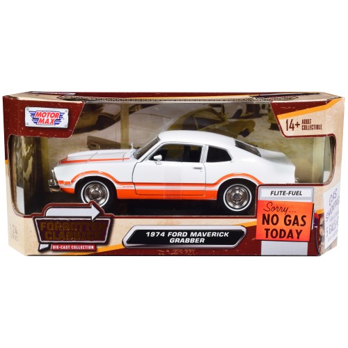 1974 Ford Maverick Grabber White with Orange Stripes 'Forgotten Classics' Series 1/24 Diecast Model Car by Motormax