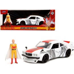 1974 Mazda RX-3 White with Red Stripe and Graphics and Saitama Diecast Figure 'One Punch Man' (2015-2019) TV Series 1/24 Diecast Model Car by Jada