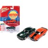 1969 Chevrolet Camaro ZLX Phase III Hugger Orange with Black Stripes and 1973 Chevrolet Camaro Phase III Dark Green Metallic and White 'Baldwin Motion' Set of 2 Cars 1/64 Diecast Model Cars by Johnny Lightning