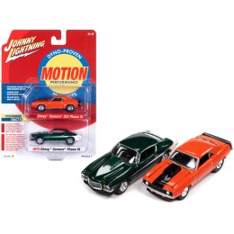 1969 Chevrolet Camaro ZLX Phase III Hugger Orange with Black Stripes and 1973 Chevrolet Camaro Phase III Dark Green Metallic and White 'Baldwin Motion' Set of 2 Cars 1/64 Diecast Model Cars by Johnny Lightning