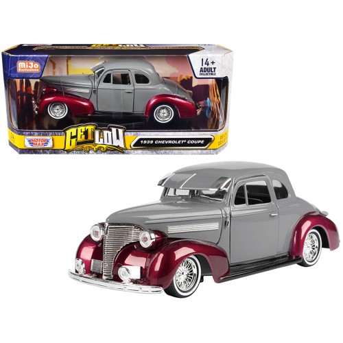 1939 Chevrolet Coupe Lowrider Gray and Red Metallic 'Get Low' Series 1/24 Diecast Model Car by Motormax
