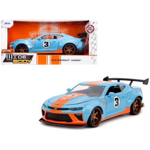 2016 Chevrolet Camaro Widebody #3 Light Blue with Orange Stripes 'Gulf Oil' 'Wide Body' Series 1/24 Diecast Model Car by Jada