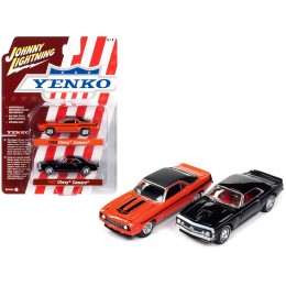 1969 Chevrolet Camaro Hugger Orange with Black Top and Stripes and 1967 Chevrolet Camaro Black with White Stripe and Red Interior 'Yenko' Series Set of 2 Cars 1/64 Diecast Model Cars by Johnny Lightning