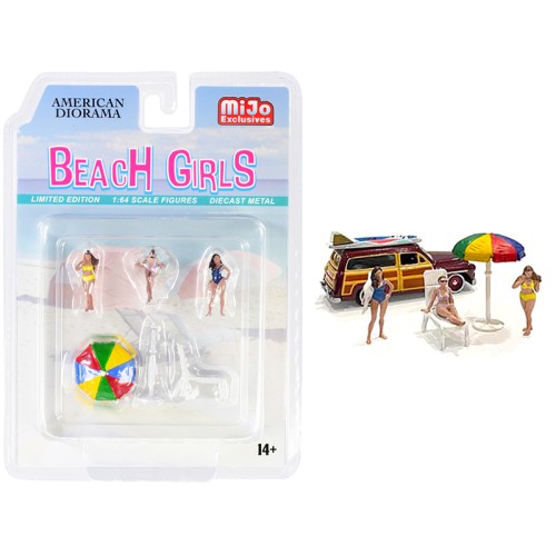'Beach Girls' 5 piece Diecast Set (3 Figurines 1 Beach Chaise and 1 Beach Umbrella) for 1/64 Scale Models by American Diorama
