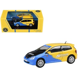 2001 Honda Civic Type R EP3 Blue and Yellow with Black Hood 'Spoon Sports' 1/64 Diecast Model Car by Paragon Models