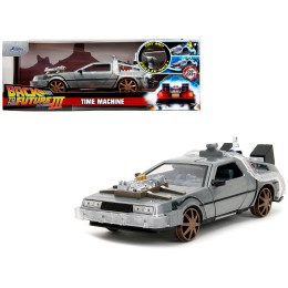 DeLorean Brushed Metal Time Machine (Train Wheel Version) with Lights 'Back to the Future Part III' (1990) Movie 'Hollywood Rides' Series 1/24 Diecast Model Car by Jada