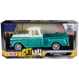 1957 Chevrolet 3100 Stepside Pickup Truck Lowrider Turquoise Metallic and White with White Interior 'Get Low' Series 1/24 Diecast Model Car by Motormax
