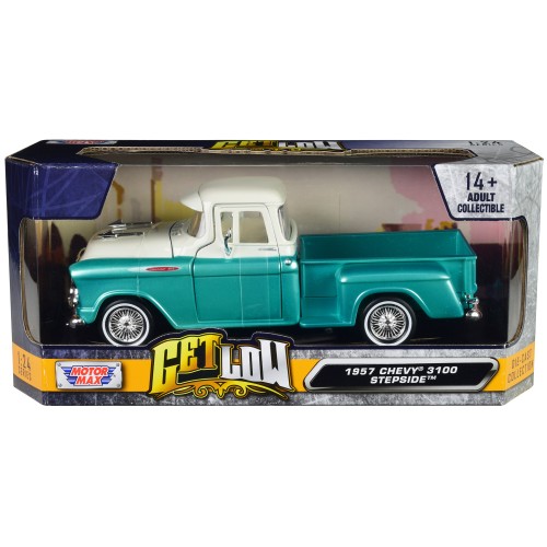 1957 Chevrolet 3100 Stepside Pickup Truck Lowrider Turquoise Metallic and White with White Interior 'Get Low' Series 1/24 Diecast Model Car by Motormax