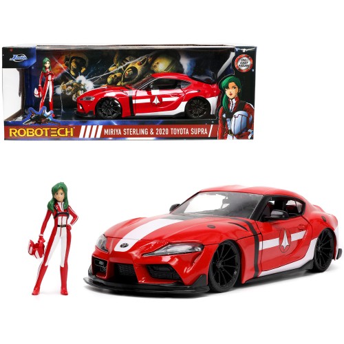 2020 Toyota Supra Red with Graphics and Miriya Sterling Diecast Figurine 'Robotech' 'Hollywood Rides' Series 1/24 Diecast Model Car by Jada