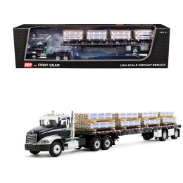 Mack Pinnacle Day Cab with Minimizer Parts & 53' Wilson Roadbrute Flatbed Trailer with 'Carlisle Roofing' Loaded Pallets Black with Silver Top and Stripes 1/64 Diecast Model by DCP/First Gear