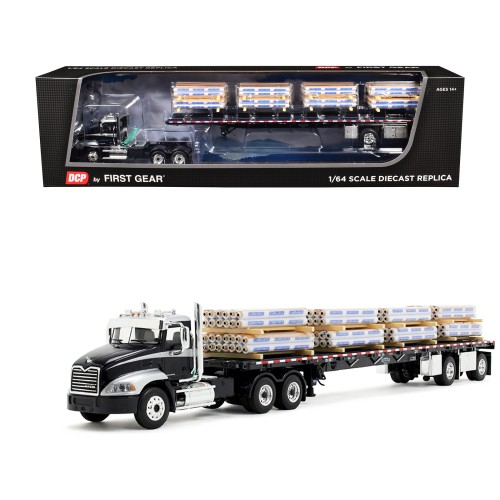 Mack Pinnacle Day Cab with Minimizer Parts & 53' Wilson Roadbrute Flatbed Trailer with 'Carlisle Roofing' Loaded Pallets Black with Silver Top and Stripes 1/64 Diecast Model by DCP/First Gear