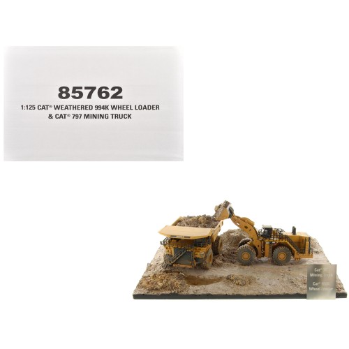 CAT Caterpillar 994K Wheel Loader and 797 Mining Truck Yellow (Weathered) Set of 2 Pieces 'Weathered Series' 1/125 Diecast Model by Diecast Masters