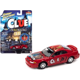 2000 Ford Mustang 'Miss Scarlet' Red with Graphics with Poker Chip (Collector Token) 'Modern Clue' 'Pop Culture' 2022 Release 1 1/64 Diecast Model Car by Johnny Lightning