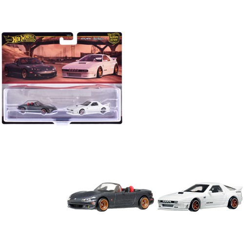 Mazda Mazdaspeed Miata Gray Metallic and Mazda RX7 FC Pandem White 'Car Culture' Set of 2 Cars Diecast Model Cars by Hot Wheels