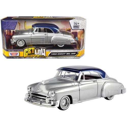 1950 Chevrolet Bel Air Lowrider Silver Metallic with Blue Metallic Top 'Get Low' Series 1/24 Diecast Model Car by Motormax