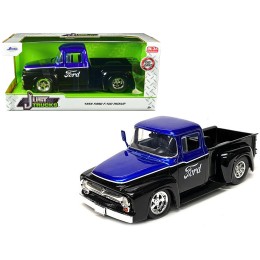 1956 Ford F-100 Pickup Truck Black and Blue Metallic with Ford Graphics 'Just Trucks' Series 1/24 Diecast Model Car by Jada