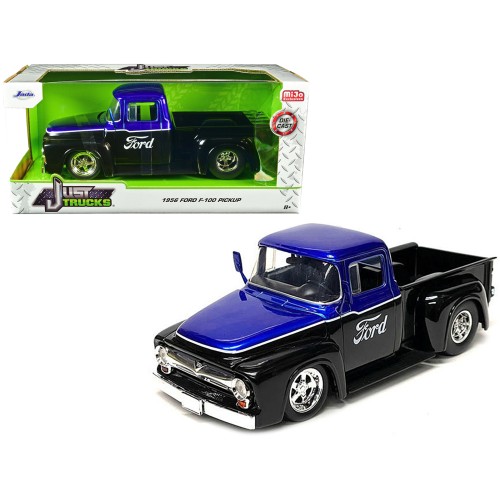 1956 Ford F-100 Pickup Truck Black and Blue Metallic with Ford Graphics 'Just Trucks' Series 1/24 Diecast Model Car by Jada