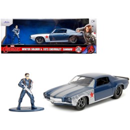 1973 Chevrolet Camaro Dark Blue Metallic with Gray Stripes and Winter Soldier Diecast Figure 'Marvel Avengers' 'Hollywood Rides' Series 1/32 Diecast Model Car by Jada