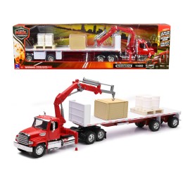 Freightliner 114SD Flatbed Truck with Crane Red with Accessories 'Long Haul Trucker' Series 1/32 Diecast Model by New Ray
