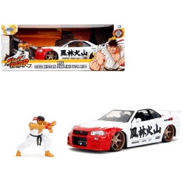 2002 Nissan Skyline GT-R (R34) RHD (Right Hand Drive) White with Red Graphics and Ryu Diecast Figure 'Street Fighter' Video Game 'Anime Hollywood Rides' Series 1/24 Diecast Model Car by Jada
