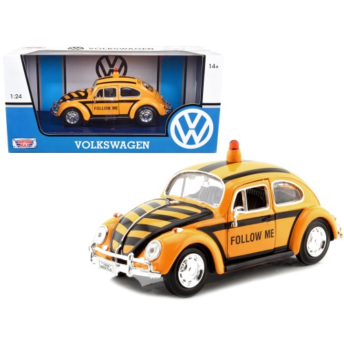 1966 Volkswagen Beetle 'Follow Me' Airport Safety Vehicle Yellow with Black Stripes 1/24 Diecast Model Car by Motormax