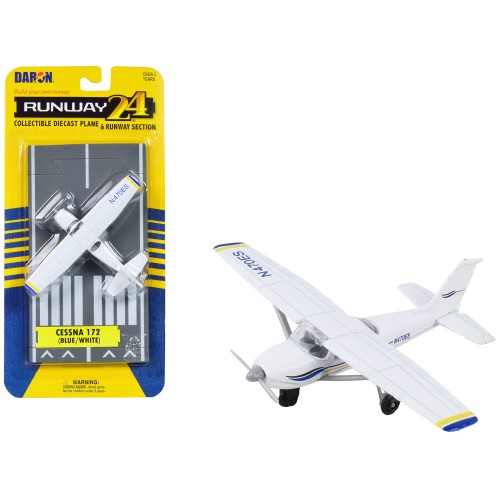 Cessna 172 Aircraft White with Blue and Yellow Stripes 'N470ES' with Runway Section Diecast Model Airplane by Runway24