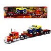 Peterbilt 379 Truck with Lowboy Trailer Red with Orange Flames and Monster Truck Yellow with Blue Flames 'Long Haul Truckers' Series 1/32 Diecast Model by New Ray