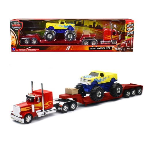 Peterbilt 379 Truck with Lowboy Trailer Red with Orange Flames and Monster Truck Yellow with Blue Flames 'Long Haul Truckers' Series 1/32 Diecast Model by New Ray