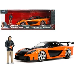 1995 Mazda RX-7 Widebody RHD (Right Hand Drive) Orange Metallic and Black with Han Diecast Figurine 'The Fast and the Furious: Tokyo Drift' (2006) Movie 1/24 Diecast Model Car by Jada