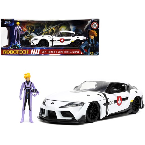 2020 Toyota Supra White and Roy Focker Diecast Figurine 'Robotech' 'Hollywood Rides' Series 1/24 Diecast Model Car by Jada