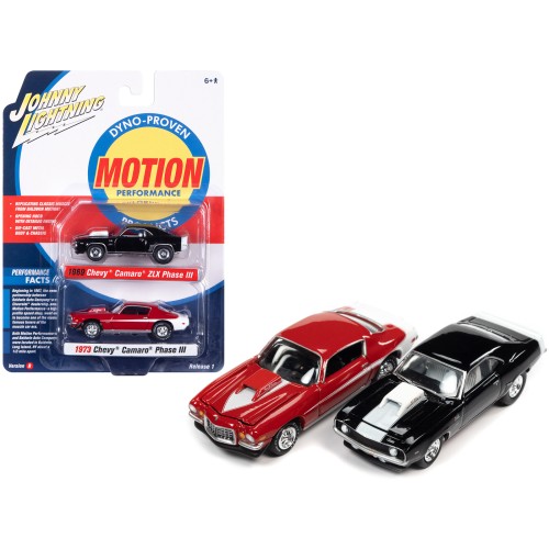 1969 Chevrolet Camaro ZLX Phase III Black with White Stripes and 1973 Chevrolet Camaro Phase III Medium Red and White 'Baldwin Motion' Set of 2 Cars 1/64 Diecast Model Cars by Johnny Lightning