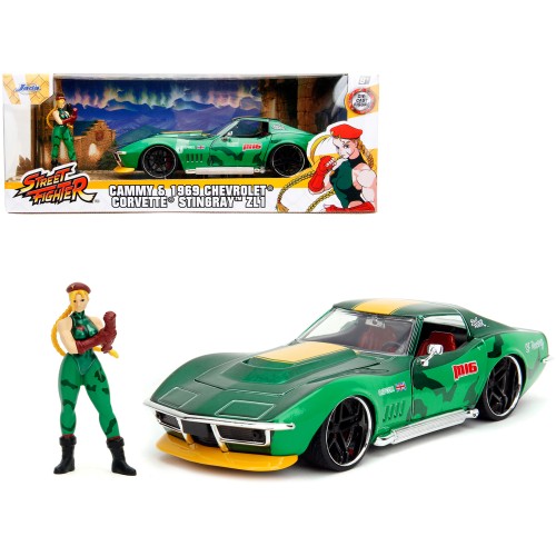 1969 Chevrolet Corvette Stingray ZL1 Green Metallic with Yellow Stripes and Cammy Diecast Figure 'Street Fighter' Video Game 'Anime Hollywood Rides' Series 1/24 Diecast Model Car by Jada