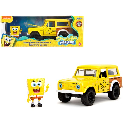 1973 Ford Bronco Yellow with Graphics and SpongeBob SquarePants Diecast Figure 'SpongeBob SquarePants' (1999–Current) TV Series 'Hollywood Rides' Series 1/24 Diecast Model Car by Jada