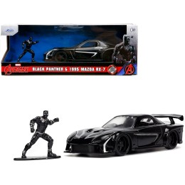 1995 Mazda RX-7 RHD (Right Hand Drive) Black and Black Panther Diecast Figure 'The Avengers' 'Hollywood Rides' Series 1/32 Diecast Model Car by Jada