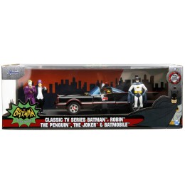 1966 Classic Batmobile with Diecast Batman The Joker The Penguin and Plastic Robin Sitting Inside The Car 'Batman' TV Series (1966) 'Hollywood Rides' Series 1/24 Diecast Model Car by Jada