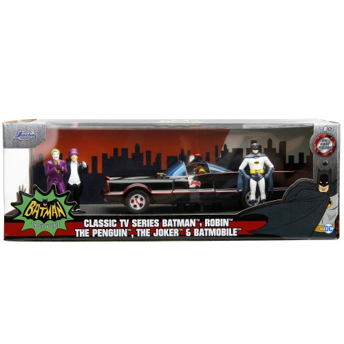 1966 Classic Batmobile with Diecast Batman The Joker The Penguin and Plastic Robin Sitting Inside The Car 'Batman' TV Series (1966) 'Hollywood Rides' Series 1/24 Diecast Model Car by Jada