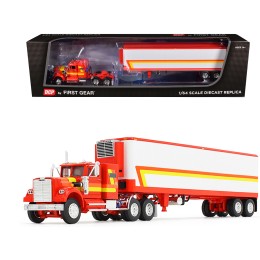 White Western Star 4900 with 36' Vintage Flat Top Sleeper and Wilson 40' Vintage Refridgerated Trailer Red and White with Stripes 1/64 Diecast Model by DCP/First Gear