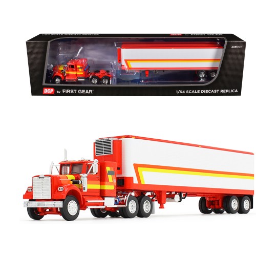 White Western Star 4900 with 36' Vintage Flat Top Sleeper and Wilson 40' Vintage Refridgerated Trailer Red and White with Stripes 1/64 Diecast Model by DCP/First Gear