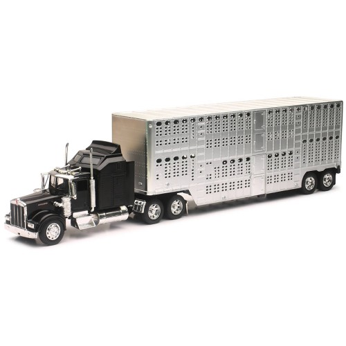Kenworth W900 Truck Black with Pot Belly Livestock Chrome 'Long Haul Truckers' Series 1/32 Diecast Model by New Ray