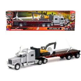 Peterbilt 389 Truck with Flatbed Trailer Silver Metallic with Excavator and Wind Turbine 'Long Haul Truckers' Series 1/32 Diecast Model by New Ray
