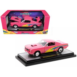 1966 Ford Mustang Fastback 2+2 Pink with Blue and Yellow Stripes 'Pro Street' Limited Edition to 6250 pieces Worldwide 1/24 Diecast Model Car by M2 Machines