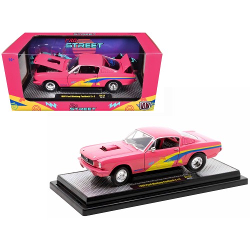 1966 Ford Mustang Fastback 2+2 Pink with Blue and Yellow Stripes 'Pro Street' Limited Edition to 6250 pieces Worldwide 1/24 Diecast Model Car by M2 Machines