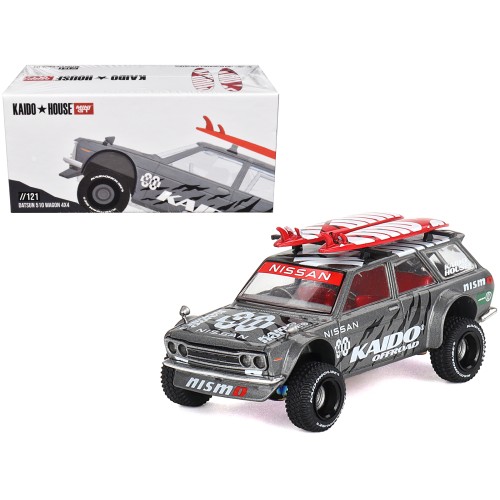 Datsun Kaido 510 Wagon 4x4 RHD (Right Hand Drive) 'Kaido Offroad V1' Gray Metallic with Red Interior and Surfboards on Roof (Designed by Jun Imai) 'Kaido House' Special 1/64 Diecast Model Car by Mini GT