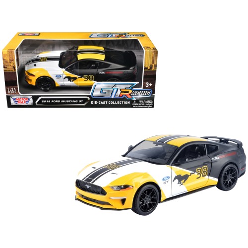 2018 Ford Mustang GT #38 White and Matt Black with Yellow Graphics 'GT Racing' Series 1/24 Diecast Model Car by Motormax