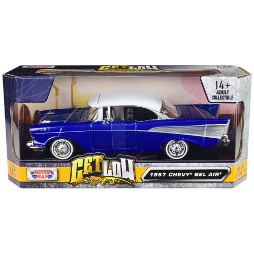 1957 Chevrolet Bel Air Lowrider Candy Blue with White Top 'Get Low' Series 1/24 Diecast Model Car by Motormax