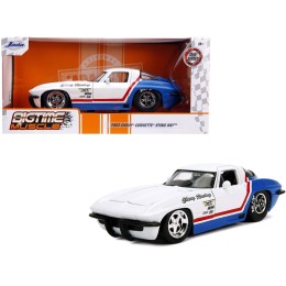 1963 Chevrolet Corvette Stingray White and Blue with Red Stripe 'Chevy Racing' 'Bigtime Muscle' 1/24 Diecast Model Car by Jada