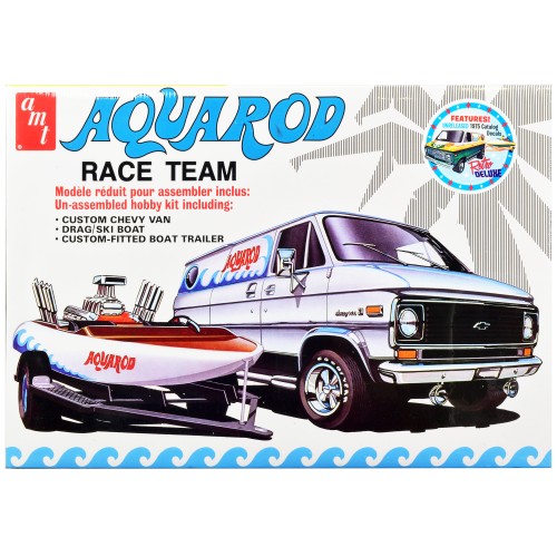 Skill 2 Model Kit Chevrolet Custom Van with Drag/Ski Boat and Trailer 'Aqua Rod Race Team' 1/25 Scale Model by AMT