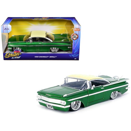 1959 Chevrolet Impala Lowrider Green Metallic with Cream Top and DUB Wire Wheels 'Street Low' Series 1/24 Diecast Model Car by Jada