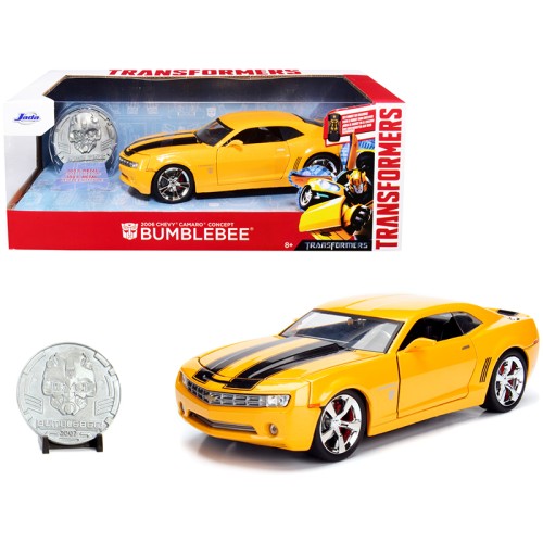 2006 Chevrolet Camaro Concept Yellow Bumblebee with Robot on Chassis and Collectible Metal Coin 'Transformers' Movie 1/24 Diecast Model Car by Jada